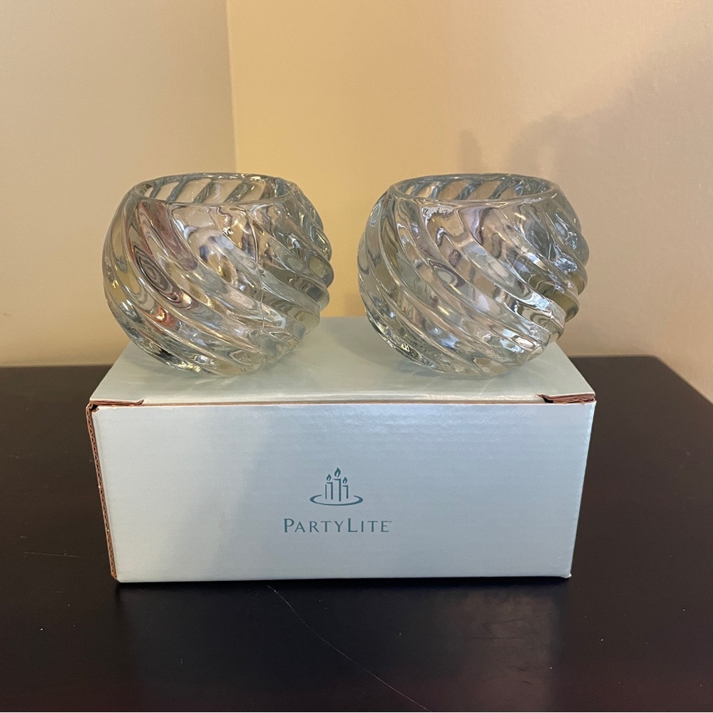 PartyLite Illusions Votive Swirl Glass Candle Holders Set of 2 NEW ORIGINAL BOX